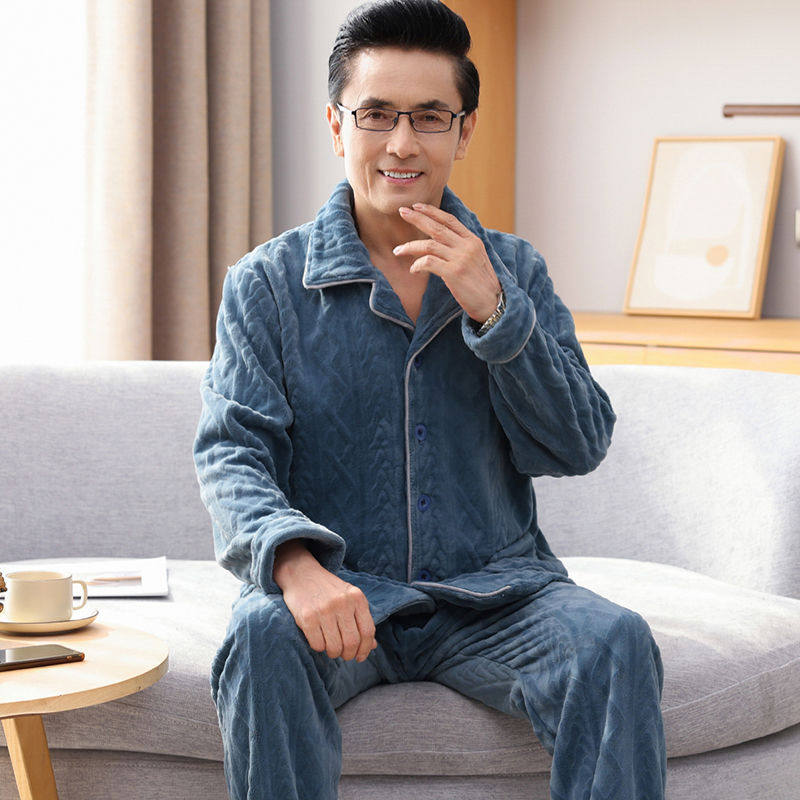睡衣男士秋冬季加绒加厚珊瑚绒中睡袍/浴袍