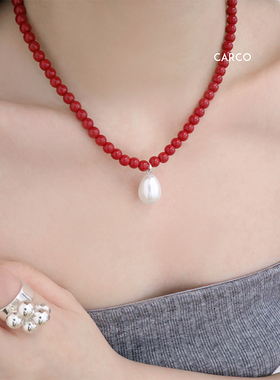 fever同款小众红色串珠项链女 法式简约高级感百搭珍珠吊坠锁骨链