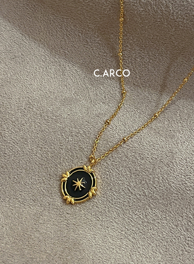 法式小众简约黑色北极星项链女 撞色高级感宫廷风椭圆吊坠锁骨链