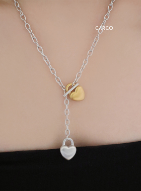 小众冷淡风简约撞色爱心链条项链复古时髦OT扣双色吊坠钛钢锁骨链