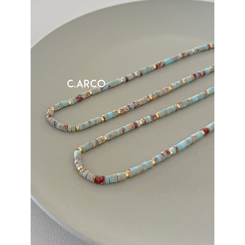 小众复古花纹石串珠彩色项链