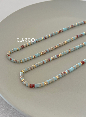 小众复古花纹石串珠彩色项链女简约高级感法式度假风淡蓝锁骨链
