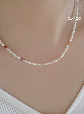 简约法式小众正圆强光珍珠项链女彩色石头水晶串珠锁骨链短款颈链