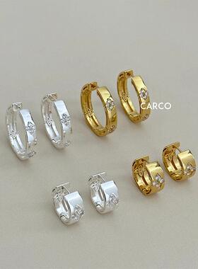 简约复古精致镶钻四叶草圆圈耳环女 小众法式气质高级感圈圈耳饰