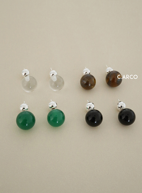 定制款小众简约石头圆形小球耳钉女白水晶翡翠耳环复古虎眼石耳饰