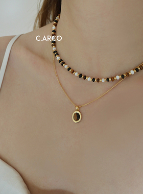 新款复古高级感虎眼石黑玛瑙串珠项链 欧美撞色轻奢ins金色锁骨链