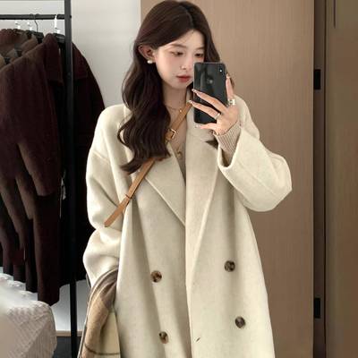 燕麦色双面羊绒大衣女2025秋冬新款韩版中长款气质宽松羊毛呢外套