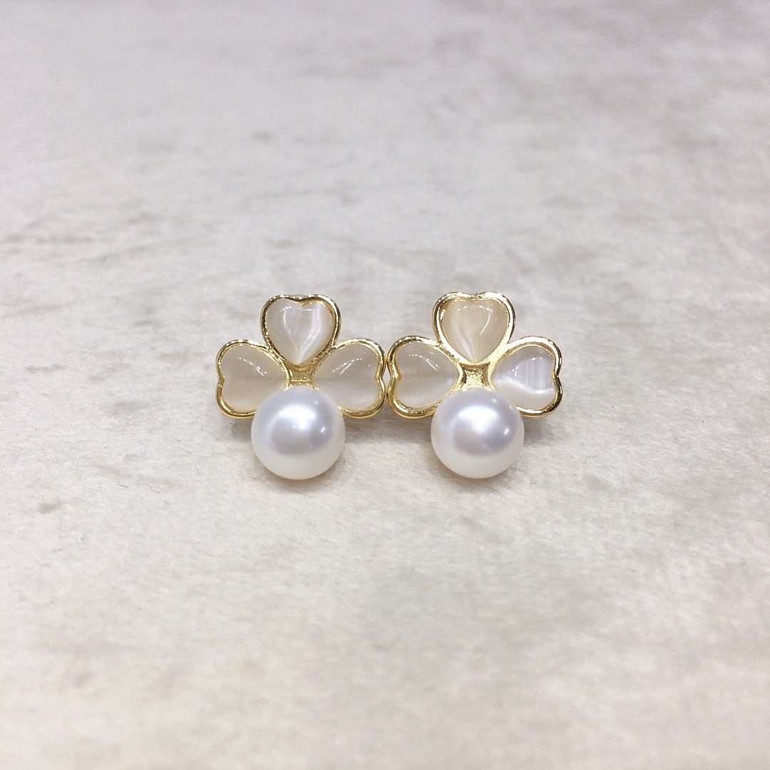 诸暨天然淡水真珍珠耳钉女猫眼石三叶草爱心形耳环饰个性轻奢送礼