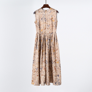 抽象画作！柔美肌理 真丝双宫绸无袖修身桑蚕丝长裙 大摆连衣裙