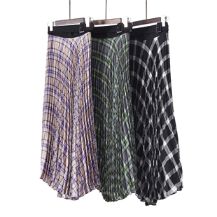 高配版 复古格纹风琴褶皱 通体桑蚕丝内里不规则高腰大摆半身长裙