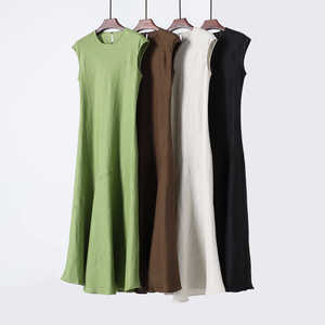 别致斜裁 圆领无袖修身亚麻中长款休闲连衣裙 度假风长裙