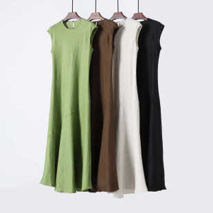 休闲连衣裙 别致斜裁 亚麻中长款 修身 度假风长裙 圆领无袖