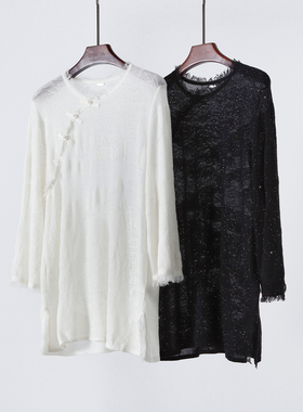 微光隐闪 精纺羊毛新中式国风提花盘扣透视针织衫 休闲罩衫