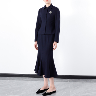 知性优雅秋冬羊毛套装 立裁修身上衣外套 摇曳高腰鱼尾半身裙