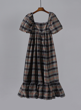 宫廷风复古格子 重磅桑蚕丝 真丝双宫绸方领泡泡袖大摆长款连衣裙