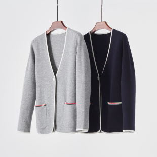外套 紧实有筋骨 加密精纺山羊绒学院风撞色边V领针织休闲开衫
