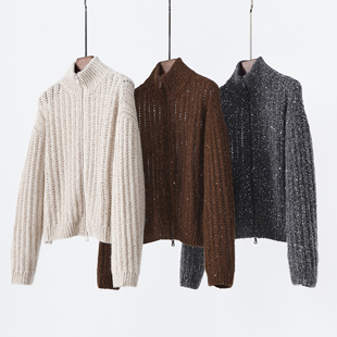 老钱风 亮片隐闪 立领双头拉链针织开衫女镂空羊驼毛羊毛羊绒外套