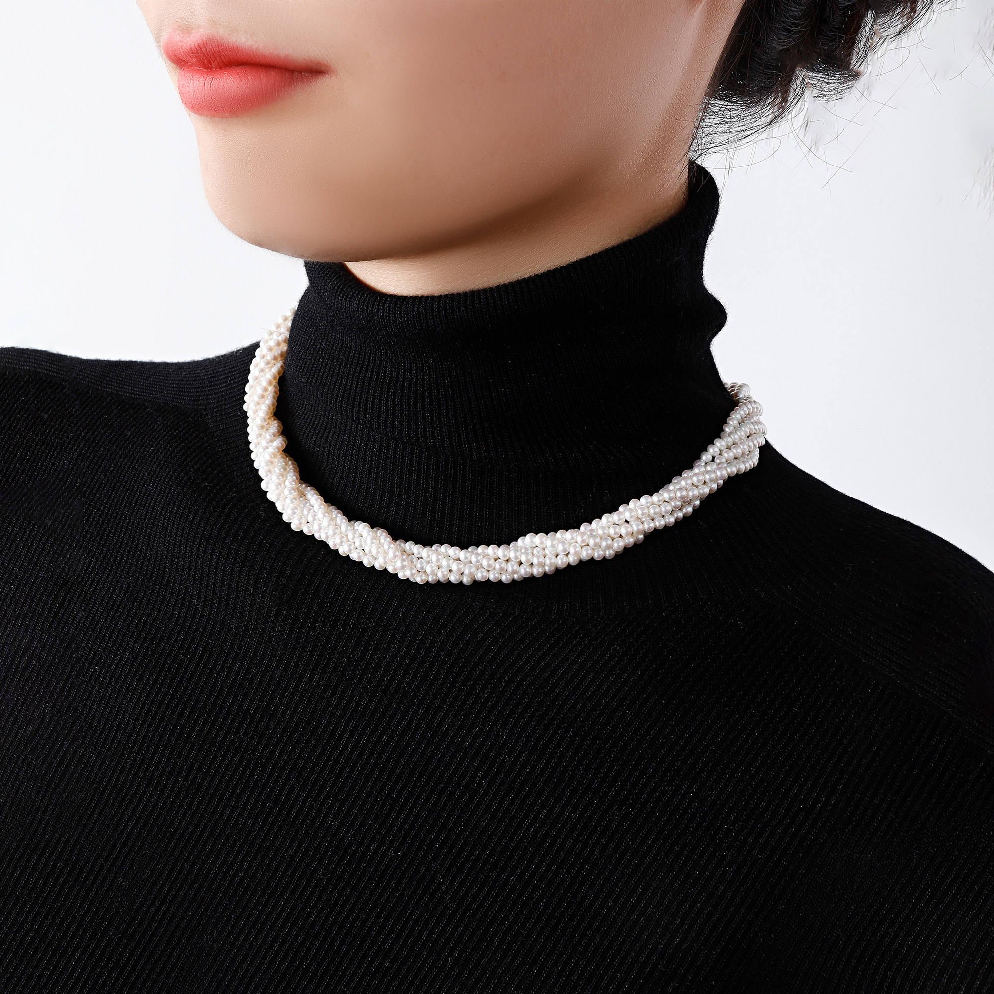 古典麻花 多层天然淡水近圆2-3mm小米珍珠锁骨链配饰项链扭扭链