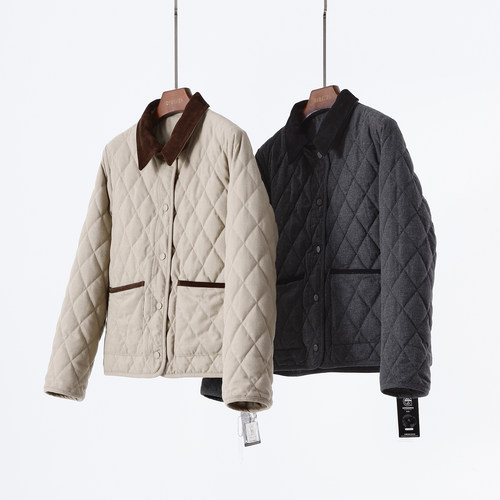 复古巴恩菱格鹅绒服翻领夹克外套