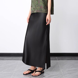 油润滑皮 侧开衩斜裁气质桑蚕丝半身裙 重磅真丝缎面香云纱拼蕾丝
