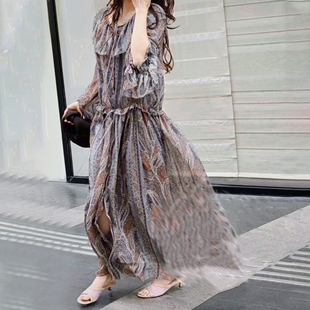 连衣裙 佩斯利印花荷叶边一字领长袖 长裙 复古双层真丝连衣裙 法式