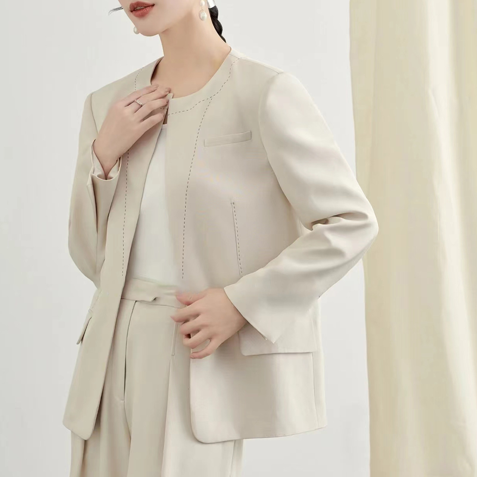 篙端线 45姆米强捻重磅真丝明线宽松外套 桑蚕丝西装长裤通勤套装,女装/女士精品,时尚套装,淘宝优惠券,粉丝福利购,淘宝优惠卷