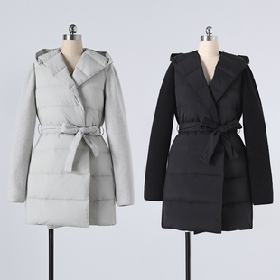 温暖柔软 针织羊绒拼接95鹅绒中长款气质连帽薄款羽绒服 外套