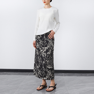 浮世绘 重磅真丝桑蚕丝后松紧腰后开叉直筒修身半身裙 印花通勤裙