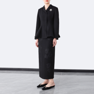 气质套装 优雅立裁高密精纺羊毛修身 半身裙 贴布绣花高腰西装 西服