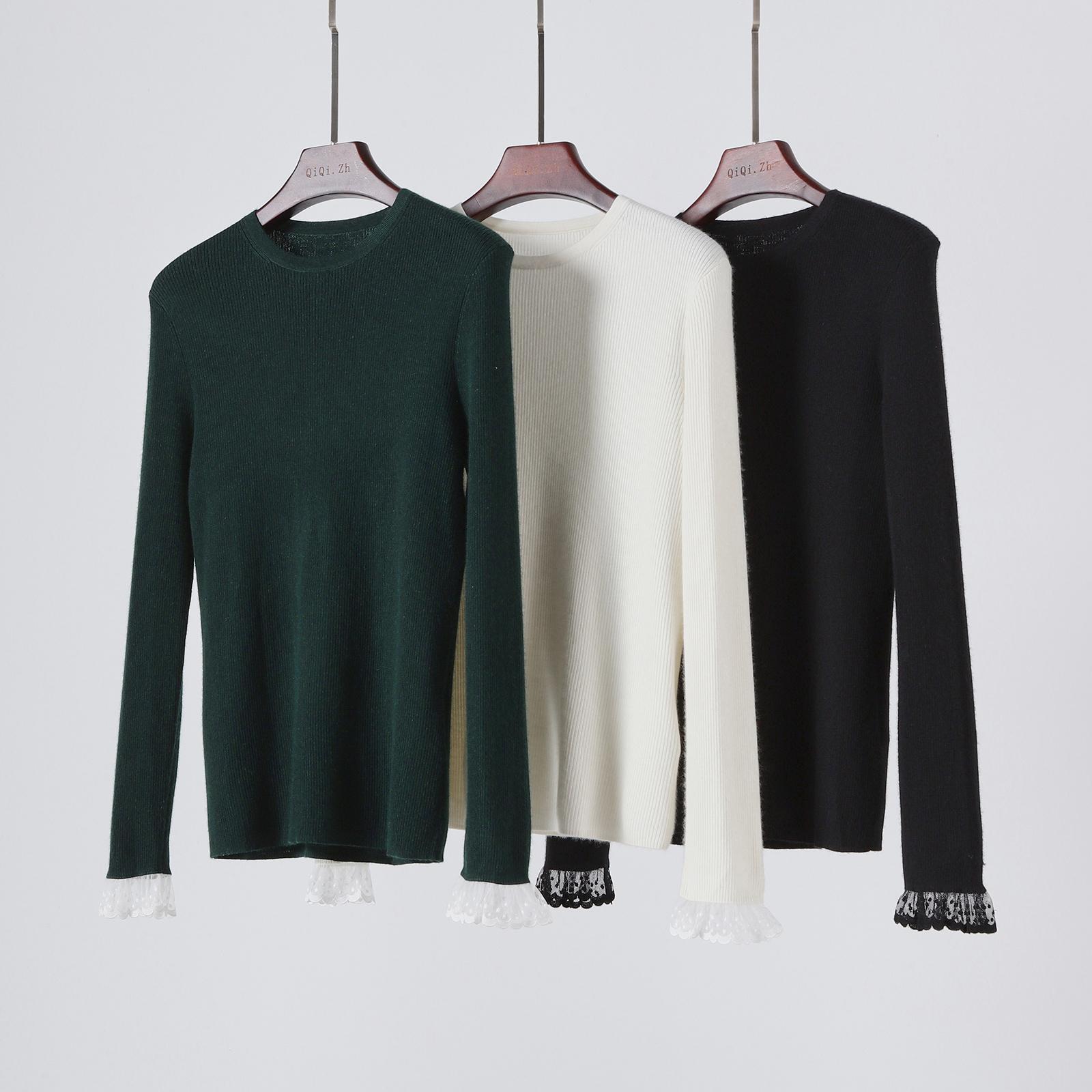 蕾丝花边山羊绒小圆领修身打底衫