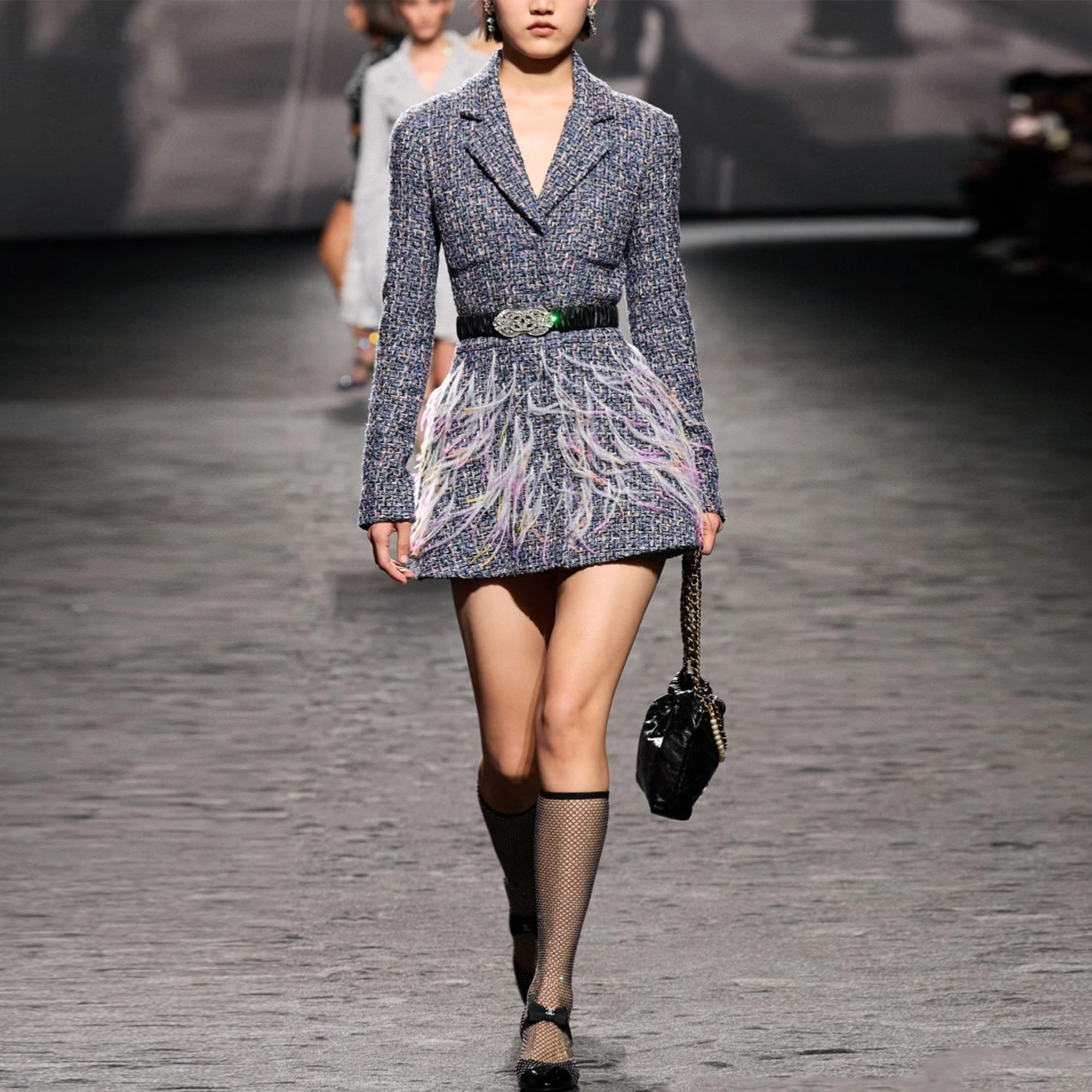 香风粗花呢西装外套收腰羽毛装饰