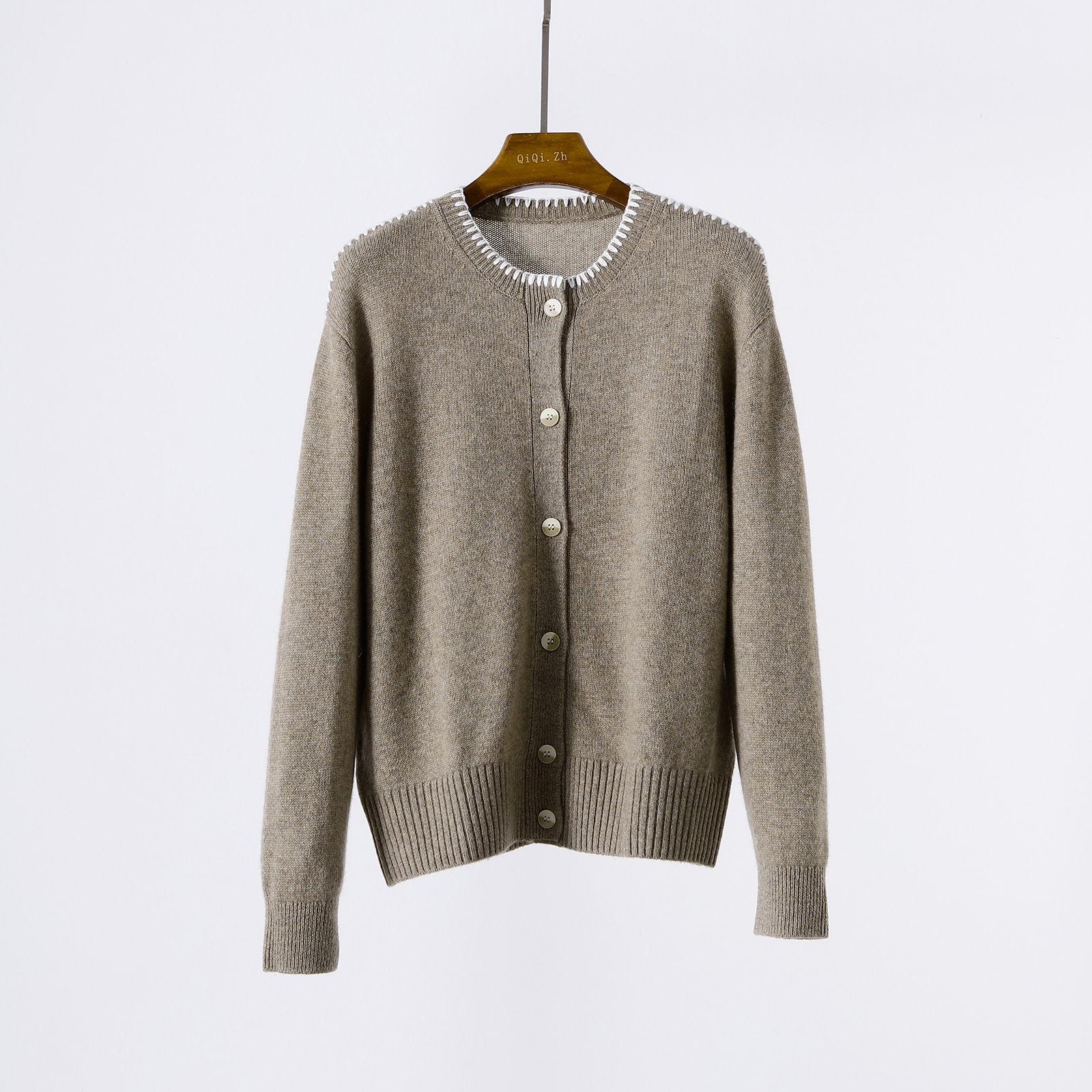 山羊绒手缝明线针织开衫外套