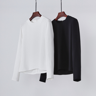 极简质感 重磅真丝重绉精致圆领气质修身桑蚕丝圆领长袖衬衫上衣