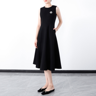 优雅赫本 高密羊毛纱绉 真丝双绉内里立裁明线无袖修身大摆连衣裙