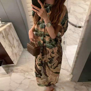 松弛自在 重磅真丝双绉复古印花落肩蝙蝠袖宽松长款桑蚕丝连衣裙