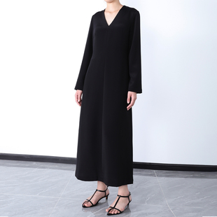 优雅气质重磅真丝桑蚕丝V领长袖 长裙 气质百搭桑蚕丝连衣裙