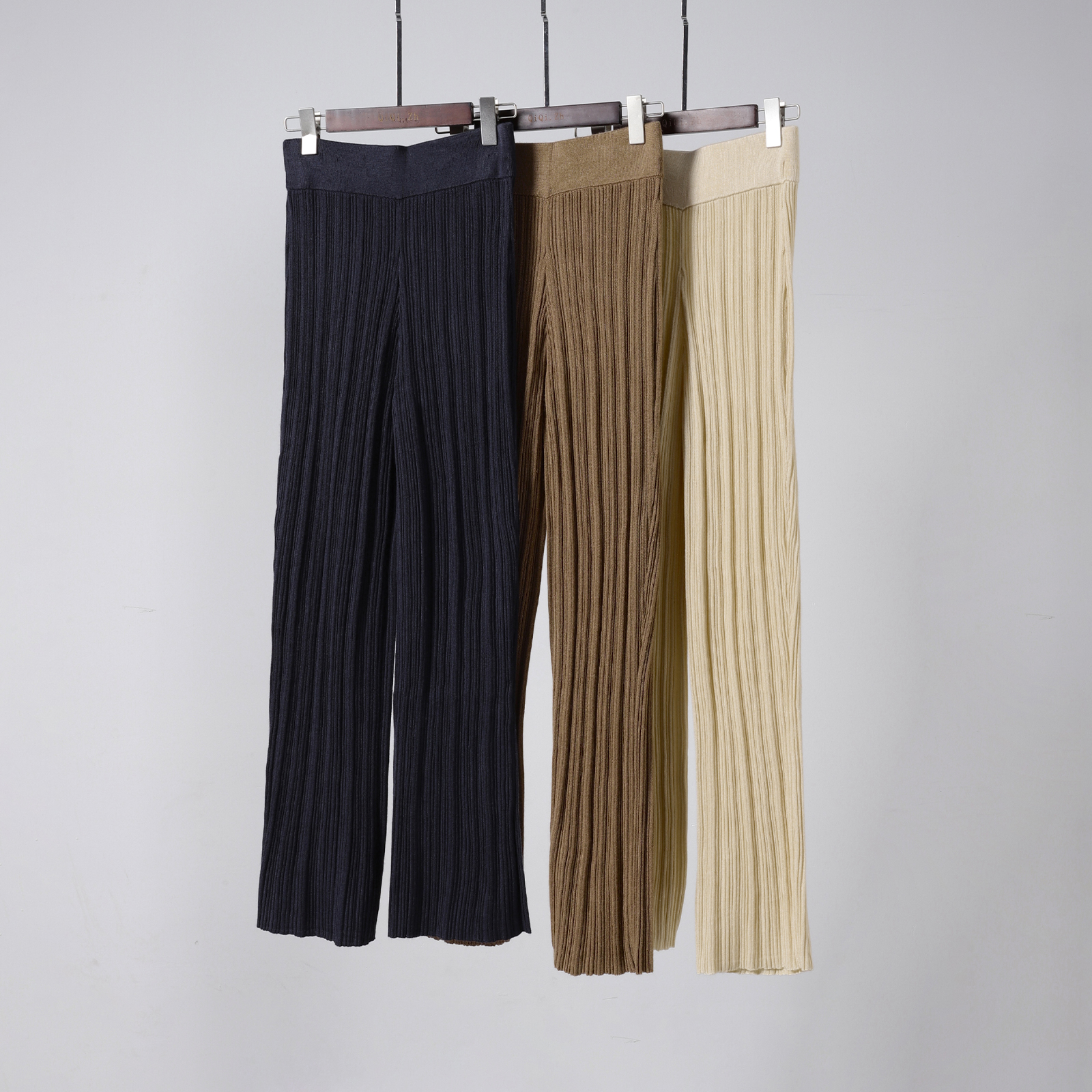 针织拖地长裤坑条阔腿裤女