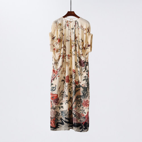 复古桑蚕丝印花宽松度假长连衣裙