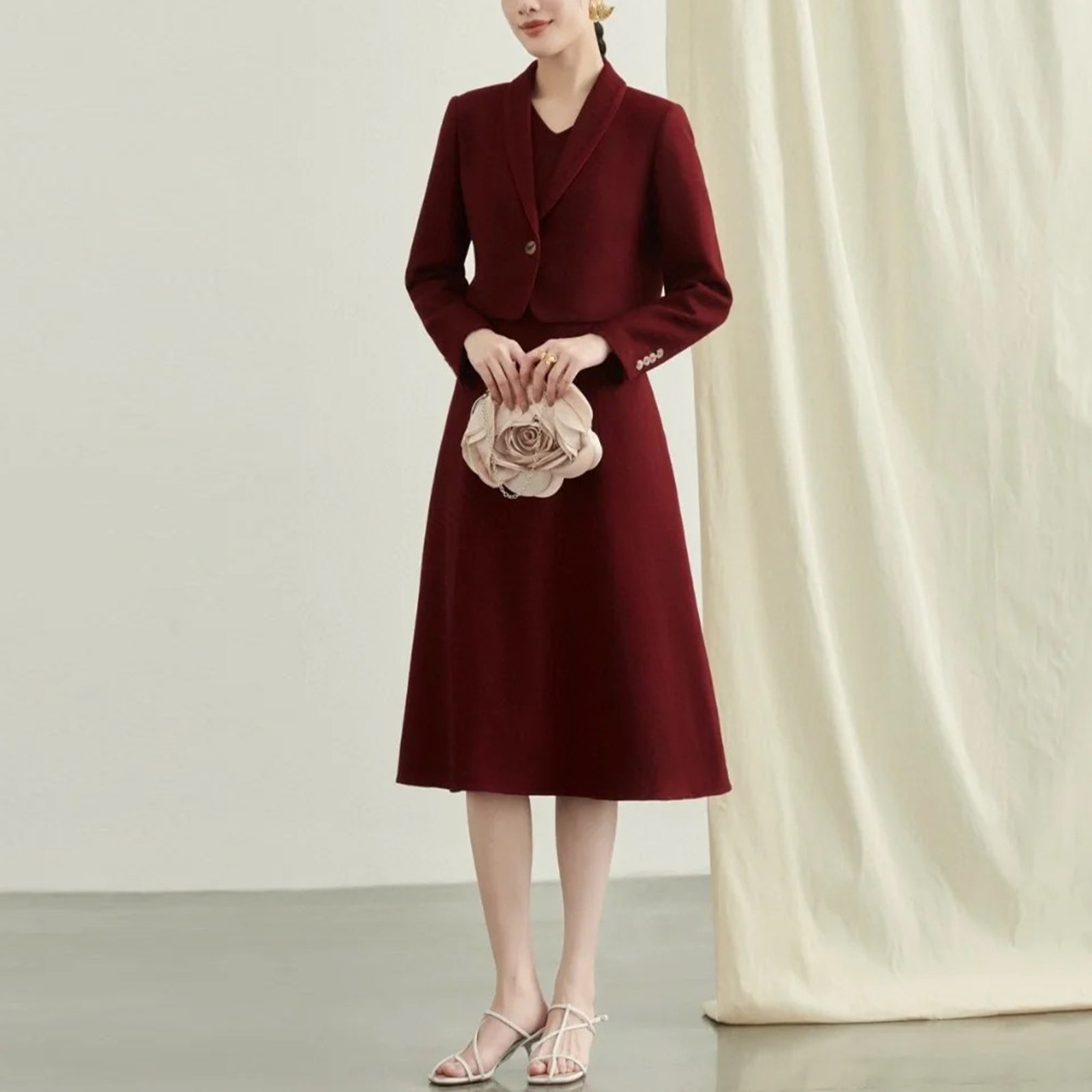 真丝羊毛两件套西装连衣裙