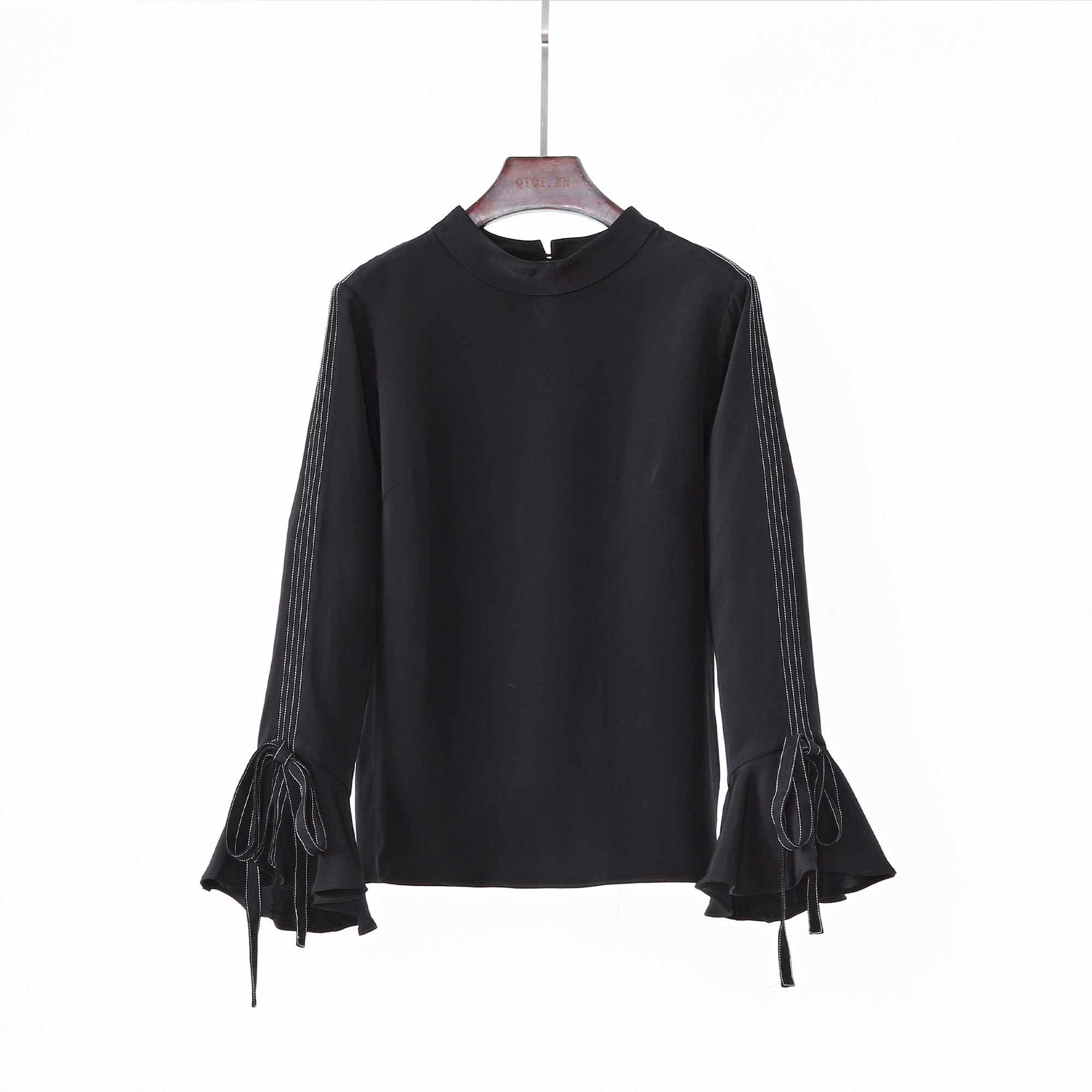 超值 重磅真丝重绉喇叭袖明线设计衬衫桑蚕丝长袖上衣