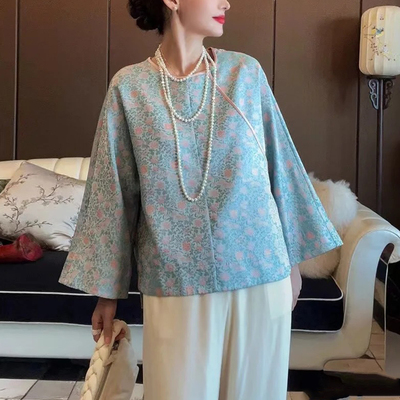 真丝宋锦桑蚕丝圆领上衣