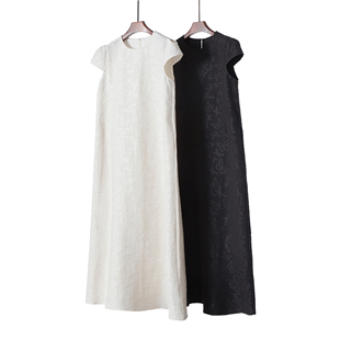 重磅提花真丝混纺法式 连衣裙气质长裙 赫本风黑色白色宫廷袖