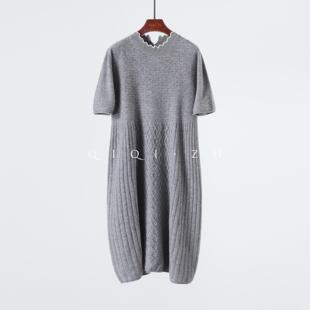 重磅加厚山羊绒裙 立体复古绞花花边撞色圆领针织短袖连衣裙