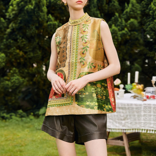 桑蚕丝内里 套头马甲背心 异域风 定位印花重工立体刺绣高领新中式