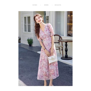 茶歇长款 X032 女感温柔风气质印花修身 新款 连衣裙 夏季
