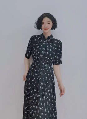 L157 夏季时尚印花轻奢单排多扣收腰显瘦气质雪纺女装连衣裙