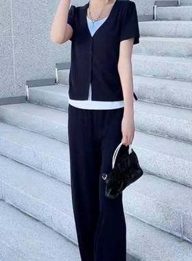 T096 夏季新款休闲显瘦假两件短袖t恤+长裤两件套套装JR