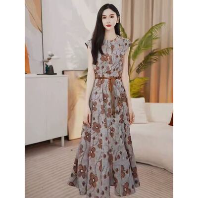 B653 夏季时尚优雅气质系带收腰显瘦长款连衣裙