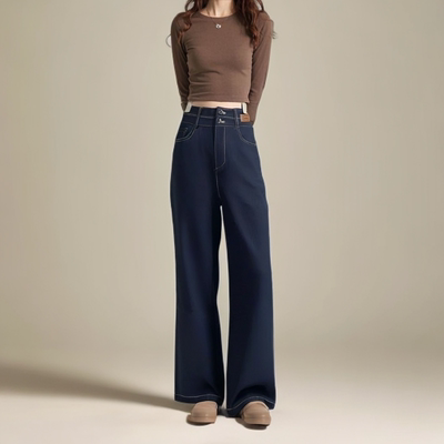 7536 春秋新款显瘦梨形身材百搭高腰阔腿牛仔裤YDY