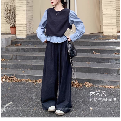 8823 春秋新款时尚气质显瘦拼接假两件衬衣阔腿裤套装JR